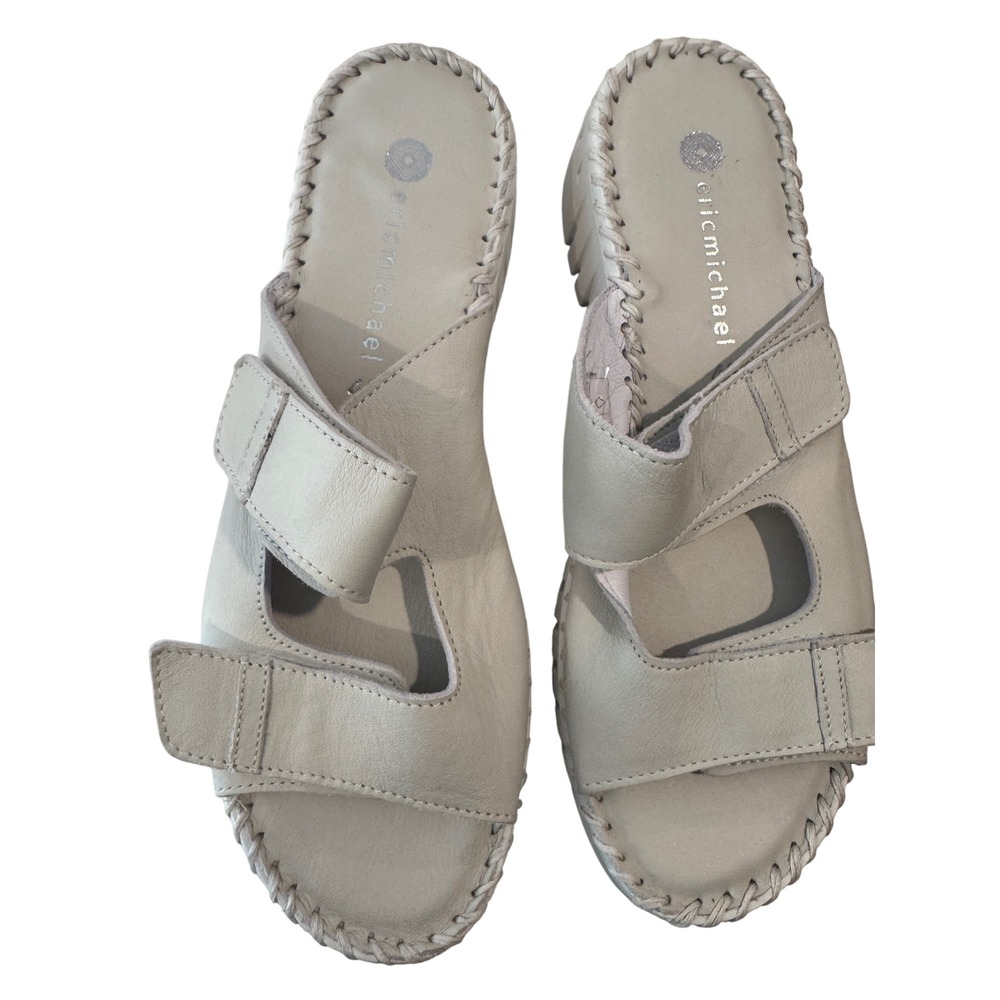 Eric Michael Women Beige Leather Adjustable Strap Slide Sandals Size 40